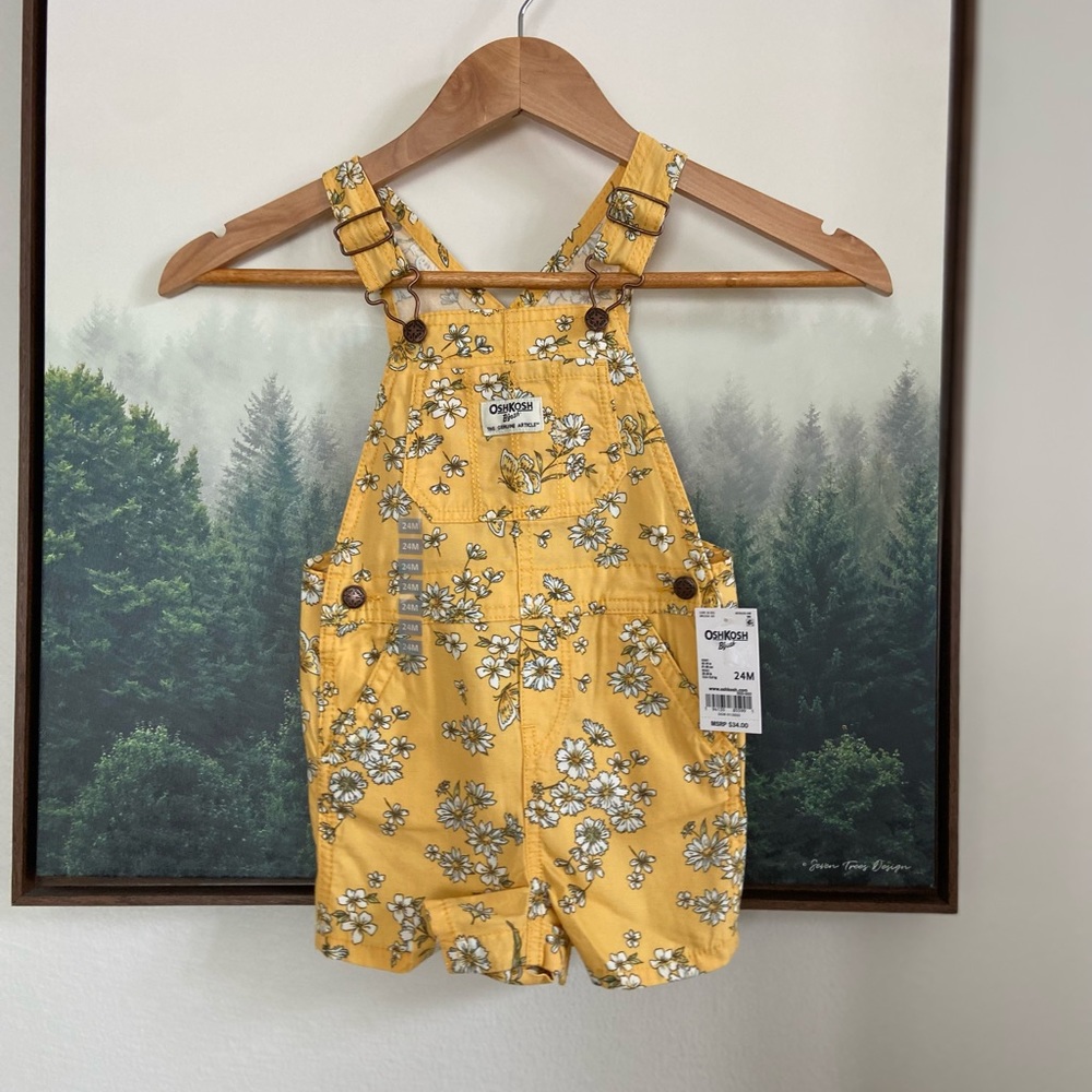 Oshkosh baby girl yellow floral overall shortalls size 24 months new with tags